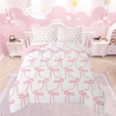 Imagem de meiyoeat Jogo de cama fofo com laço rosa macio para meninos e meninas, conjunto de edredom com laço kawaii, tamanho casal, com laços e listras, edredom de microfibra, decoração de quarto, 3 peças com