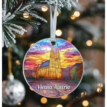 Imagem de Enfeite acrílico de vitral de Viena Áustria - lembrança de vista do pôr do sol da cidade da catedral, presente de lembrança de viagem frente e verso para amigos, familiares, amantes da Áustria