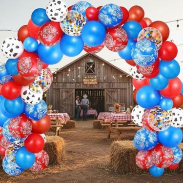 Imagem de 130 peças de balões de vaca ocidental para meninos e meninas, balões de látex, bandana de caubói, azul, vermelho, para decoração de festa de aniversário de meninos e meninas, chá de bebê, caubói, decoração de festa de aniversário