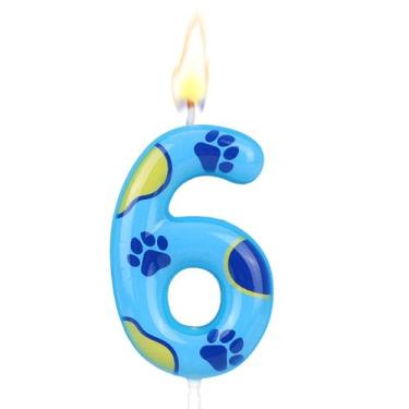 Imagem de Vela Aniversário com Tema Pata de Cão Azul, Fofa Estampado Pata Cão Vela com Número para Bolo Aniversário Decoração Topo Bolo para Menino e Menina (Número 6)