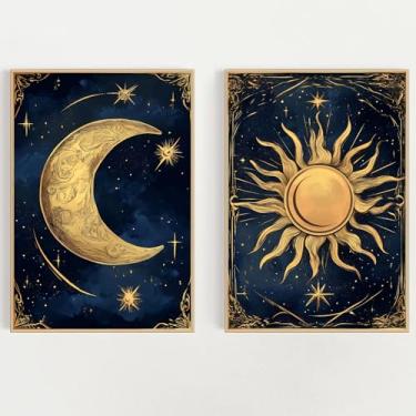Imagem de Impressão em tela dourada sol e lua impressão em tela celestial Boho imagem fantástica sol moderno pôster celestial azul marinho imagem lua dourada escura decoração de parede sala de estar 40,6 x 61