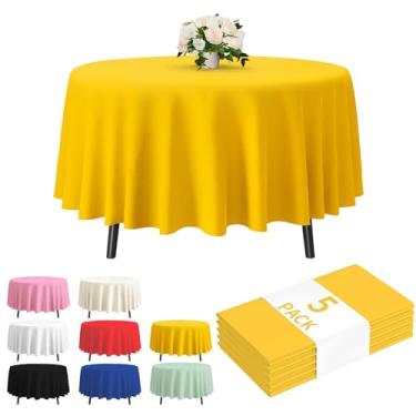Imagem de Fixwal Pacote com 5 toalhas de mesa de plástico premium de 213 cm, capa de mesa redonda de plástico - amarela