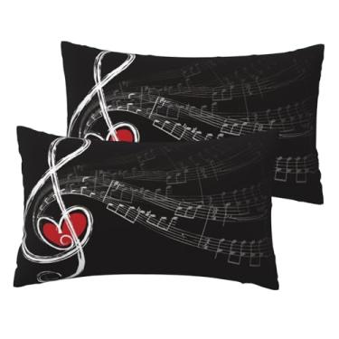 Imagem de VIREOTHIA Treble Love and Music Notes Capas de almofada lombar 30 x 50 conjunto de 2 capas de almofada decorativas pretas de coração retangulares para decoração de sofá-cama