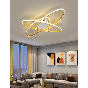 Imagem de Luminária de teto LED dourada com 3 anéis, dimerizável, com controle remoto, design oval moderno, 56W, ideal para sala de estar, quarto, cozinha, sala de jantar e escritório (pequena).