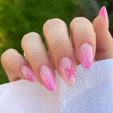 Imagem de Unhas postiças curtas médias amêndoas vermelhas rosas com estrelas simples glitter Desien cobertura completa cola acrílica falsa em unha para mulheres, 24 peças