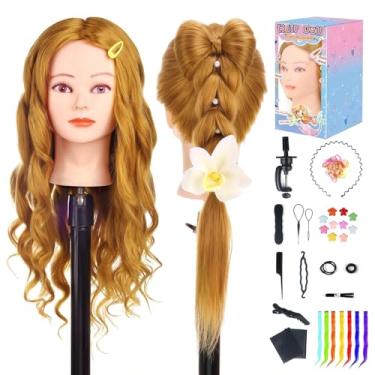 Imagem de Cabeça de manequim de 66 a 71 cm com 80% de cabelo real – Cabeça de treinamento de cosmetologia para trança de cabelo, estilo e prática de maquiagem – Cabeça de boneca com grampo