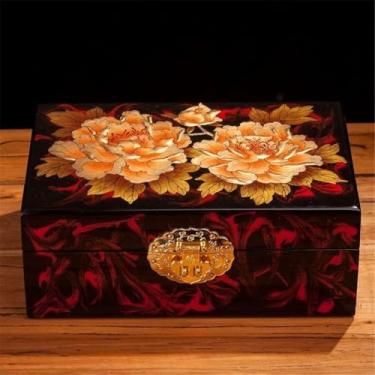 Imagem de 3FLQOOPP Caixa de joias retrô de madeira com cadeado – Caixa de armazenamento vintage estilo chinês de grande capacidade para joias, presentes e lembranças – Presente de casamento e caixa de memória