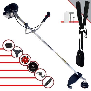 Imagem de Roçadeira C/ Sistema Antivibração Toyama RT43LB25A À Gasolina 43cc 1,7HP 6 Opções de Corte Com Facas 2 Pontas, 3 Pontas, 6 Pontas, 80 Dentes e Trimmer