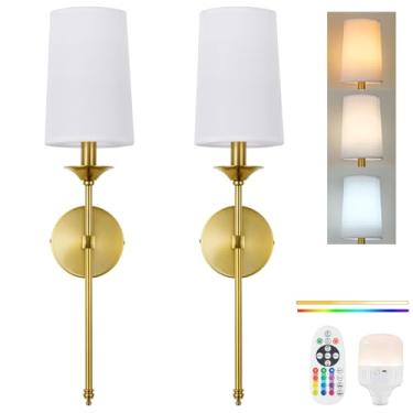 Imagem de PASSICA DECOR Conjunto de 2 arandelas de parede, recarregáveis, sem fio, com lâmpadas reguláveis de 15 cores, controle remoto, dourado