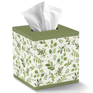 Imagem de JarThenaAMCS Capa para caixa de lenços de papel vegetal com fecho magnético, suporte de lenços de couro PU, folhas verdes, caixa de guardanapo quadrada para decoração de bancada de quarto e escritório