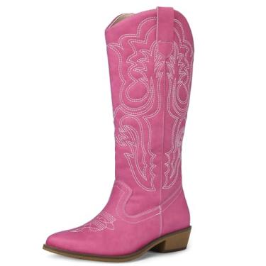 Imagem de mysoft Botas femininas caubói cano médio vaqueira bordada, bico fino, salto grosso, sem cadarço, cano alto, Rosa choque, 41