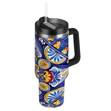 Imagem de Blueangle Copo de cerâmica mexicano de 850 g com alça e tampa de palha, caneca de viagem de aço inoxidável isolada a vácuo de parede dupla, garrafa de água reutilizável para academia de escritório ao