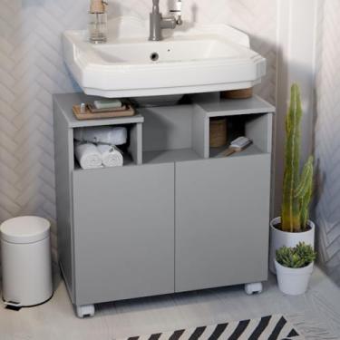 Imagem de Gabinete para Pia de Banheiro com 2 Portas e Rodízios – Armário Encaixe Prático para Lavabo, Organização Fácil e Mobilidade(Cinza)