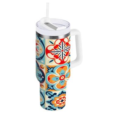 Imagem de Blueangle Copo isolado de 1,134 g com alça e tampa de canudo - Caneca de viagem de aço inoxidável à prova de vazamento, garrafa de água de cerâmica mexicana a vácuo de parede dupla (572)