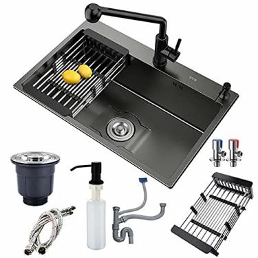 Imagem de HGTRH Pia de cozinha Embutida, Pia Embutida Cozinha Aço Inoxidável Pia Cozinha Com Torneira Dispensador de Sabão Conjunto de Sifão Sobresso e Drenagem Para Montagem na Superfície