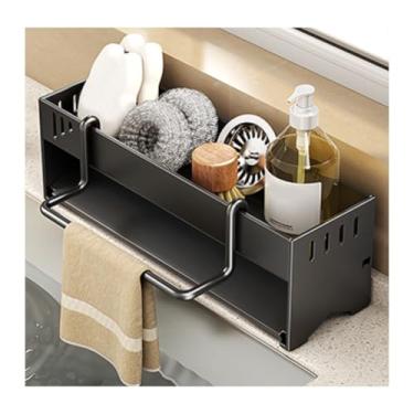 Imagem de HGTRH Organizador grande para pia de cozinha, suporte de esponja para pia de cozinha com bandeja de gotejamento removível para esponja de pano, escova, escova, decoração de cozinha e acessórios, preto