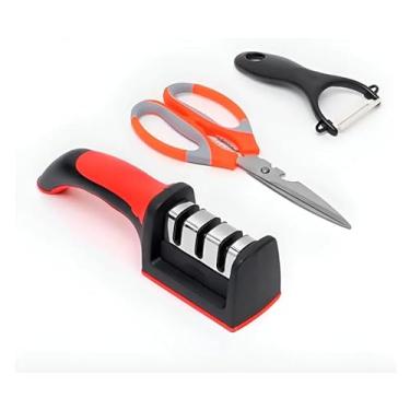 Imagem de Kit Cozinha 3 Peças, Amolador de Facas com 3 Níveis, Tesoura Multiuso, Descascador de Legumes, Vermelho e Preto - Ideal para o Preparo de Alimentos, Afiador de Facas