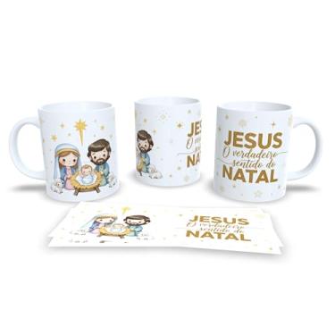 Imagem de Caneca de Cerâmica Branca com Tema Natalino, Design de Presépio, Jesus O Verdadeiro Sentido do Natal, Decoração de Natal com Estrelas Douradas (23168)