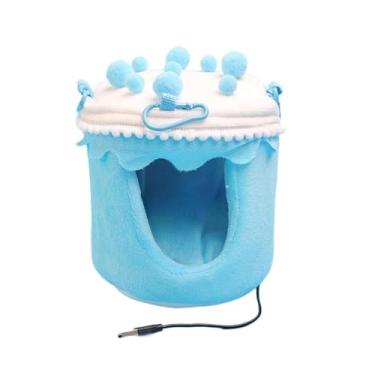 Imagem de Baoblaze de inverno quentinho para pássaros, casinha, rede suspensa aquecida e aconchegante em formato de bolo, pelúcia criativa e quentinha para gaiola, Azul