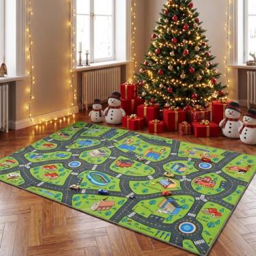 Imagem de Merelax Tapete de carro infantil 12 x 20 cm, verde e cinza, para sala de estar, sala de jogos, sala de aula, quarto, tapete lavável, tapete educativo para crianças de 3 a 12 anos