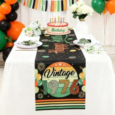 Imagem de Caminho de mesa vintage de feliz aniversário 1976, padrão de fogos de artifício de balão, bandeira retangular descartável, decoração de mesa de jantar de cozinha sazonal para decoração de festa de
