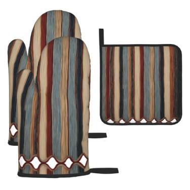 Imagem de Listras coloridas – Conjunto de cozinha essencial de 3 peças impressas, luvas resistentes ao calor e aderência da tampa, proteção para churrasco no forno, design de armazenamento suspenso.