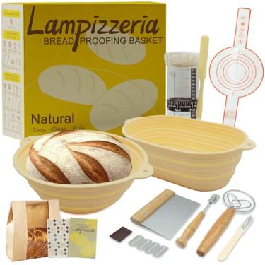 Imagem de LAMPIZZERIA Conjunto de cesta de silicone redondo e oval – Banneton de pão dobrável D'ita com ferramentas (antiaderente, fácil de limpar) kit completo de presente de panificação à prova de pão para