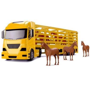 Imagem de Caminhão Haras C/ 4 Cavalos Grande 60cm - Silmar Brinquedos, Amarelo