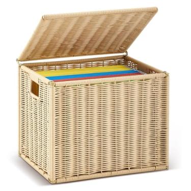Imagem de Jingmore Caixa organizadora de arquivos de vime 35 x 29 x 29 cm, cestos decorativos para pastas suspensas, armário de arquivamento de documentos dobrável portátil com tampa para decoração de