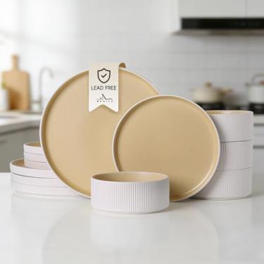 Imagem de MONITO Conjuntos de louça de cerâmica para 4, conjuntos de pratos e tigelas de grés, conjunto de pratos de esmalte reativo, duplo resistente a lascas e arranhões, seguro para micro-ondas e lava-louças