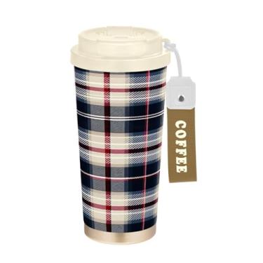 Imagem de YETTASBIN Caneca de café Buffalo Plaid com isolamento térmico de 482 g com tampa canudo, copo à prova de derramamento e vazamento com alça para bebida quente e fria, garrafa de água de aço inoxidável