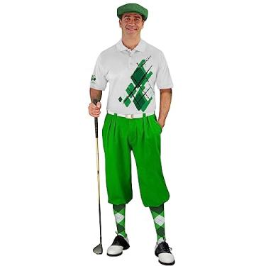 Imagem de Argyle Utopia Outfit - Masculino WWW: Verde Escuro Limão e Branco Roupa de Golfe Completa - Tamanho da Cintura 56 - Tamanho da Camisa GG
