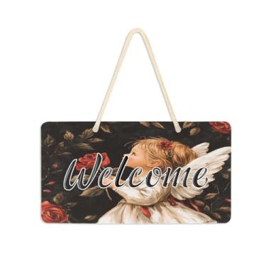 Imagem de Burbuja Placa de boas-vindas Cupid Roses para porta da frente, placa de boas-vindas de PVC para decoração de férias, 15 x 28 cm