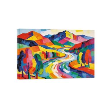 Imagem de Pintura de parede abstrata - árvore colorida do rio da montanha 2 - impressão em tela de decoração moderna para sala de estar pronta para pendurar tela emoldurada 20x30cm8x12in