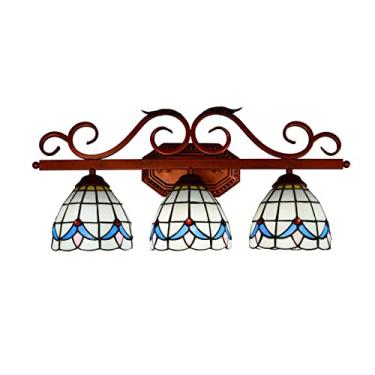 Imagem de Espelho de banheiro estilo Tiffany com iluminação frontal, vitral mediterrâneo, luminária de parede barroca com 3 lâmpadas para maquiagem, ideal para quarto e corredor, cor branca.