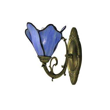 Imagem de Arandela de parede estilo Tiffany mediterrâneo com pétalas criativas em vitral, feita à mão, para quarto, cabeceira, corredor, varanda, potência máxima de 40W, azul.