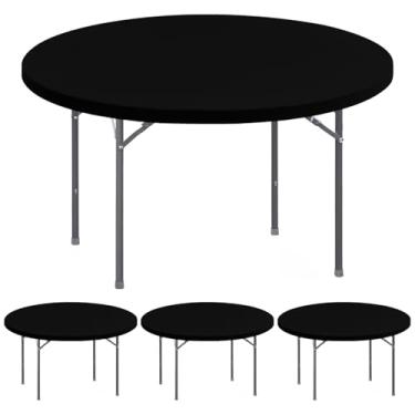 Imagem de Pacote com 4 toalhas de mesa redondas para mesas de 152 cm, elástica, impermeável, elástica, lavável, dobrável, toalha de mesa de piquenique para ambientes internos e externos, toalhas de mesa de