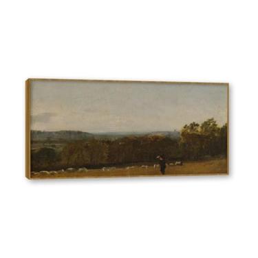 Imagem de Moldura de teca. Arte em tela romantismo estilo constable (paisagem 91), pintura de paisagem inglesa emoldurada, decoração de parede elegante para sala de estar escritório. 75 x 150 cm - 29,5 x 59,0