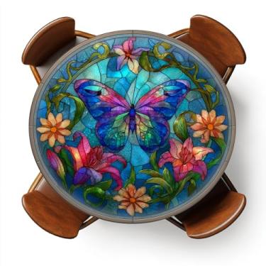 Imagem de YEYE JUICE Toalha de mesa redonda com elástico para uso externo para mesas de 114 a 142 cm, capa de mesa redonda à prova d'água para jantar interno, piquenique, acampamento (borboleta de vitral)