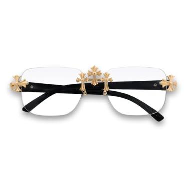 Imagem de ICE STAR Óculos de sol clássicos sem aro com cruz tripla – Óculos de sol sem moldura para homens e mulheres, presente de moda urbana de luxo, Ouro transparente