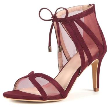 Imagem de Perphy Sandálias femininas de salto agulha de malha aberta com cadarço, Borgonha, 38