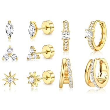 Imagem de ZELORES 5 pares de brincos de argola de cartilagem dourada hipoalergênicos de aço inoxidável com costas planas para mulheres, conjuntos de brincos pequenos e modernos para vários piercings, Small, Aço