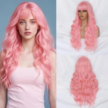 Imagem de Peruca longa rosa ondulada com franja perucas rosa longas para mulheres 61 cm cabelo ondulado encaracolado peruca de cabelo sintético de aparência natural para mulheres meninas uso festa de Halloween