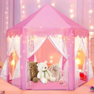 Imagem de Barraca Infantil Princesa, Rosa com Iluminação LED, Casa de Brincar Dobrável para Meninas, Tema Castelo de Contos de Fadas