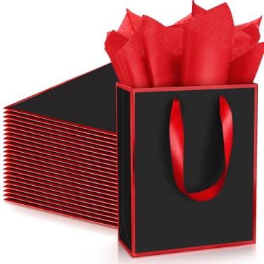 Imagem de Yeaqee Pacote com 24 sacos metálicos de papel para presente com alça e tecido, 24 x 18 x 7 cm, sacos de lembrancinha de boas-vindas para casamento, outono, 5 sentidos, Natal, madrinha, aniversário