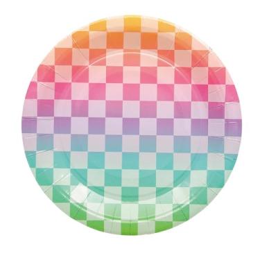 Imagem de Pratos de jantar descartáveis redondos de papel quadriculado pastel de 24 cm - 8 unidades