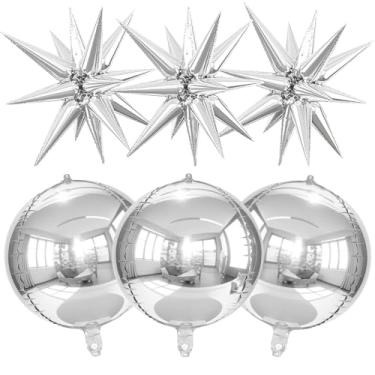 Imagem de BAOBAOJOY 6 balões prateados, balão redondo 4D prata metálica de 55 cm e estrela de explosão, aniversário para casamento, Natal, véspera de ano novo, decoração de festa de formatura e cenário