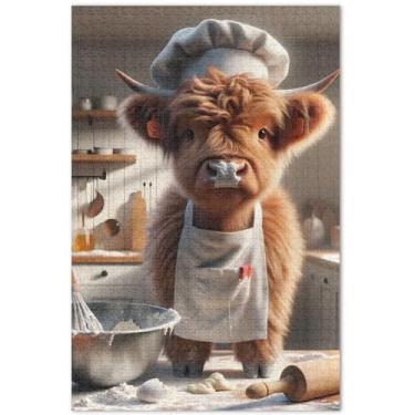 Imagem de Quebra-cabeças engraçados Highland Cow Chef, 500 peças para adultos, presentes personalizados para cenários de inverno, cenário de paisagem, 51 x 35 cm