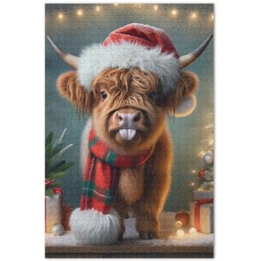 Imagem de Quebra-cabeça de Natal Highland Cow Holiday 1000 peças para adultos família brinquedo arte personalizada quebra-cabeças duros presentes de elefante branco engraçado, 75 x 40 centímetros