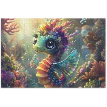Imagem de Quebra-cabeça coral colorido cavalo marinho para adultos 500 peças brinquedo família arte arte jigsaw elefantes brancos, presentes 50,5 x 14,9 polegadas